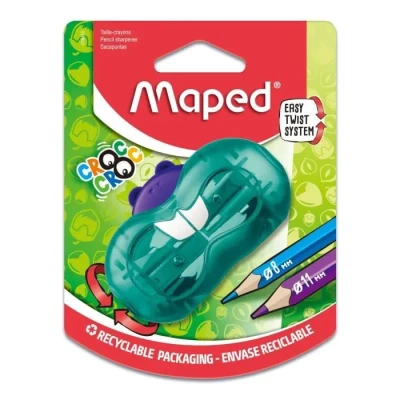 Image de Maped Taille Crayon Croc Twist Système de Cliquet, Taillage Facile et Rapide Ludique, Design Hamster Bleu Crayons 2 Trous
