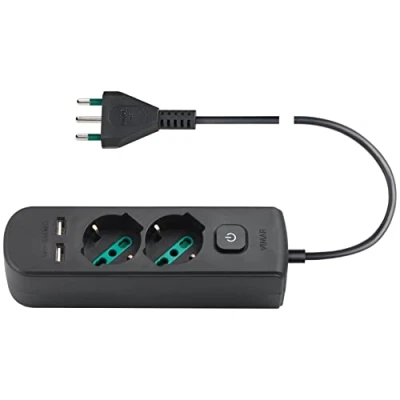 Image de Vimar 0R00625.CC Prise Multiple avec Interrupteur et câble de 1,5 m, 2 Universel Standard Italien, Sorties SICURY USB A, fiche Noire