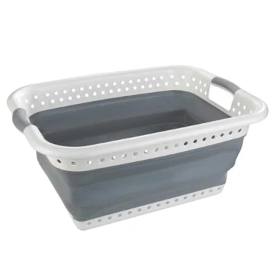 Image de WENKO Maximex bac à Linge Pliable Blanc Gris, de qualité, en Plastique Flexible, 2 poignées, Ouvertures Ventilation latérales Contre Les odeurs renfermé, capacité d&#039;environ 38 L