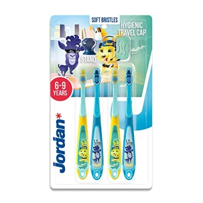 Image de Jordan ® Step 3 Brosse à dents pour enfants de 6 9 ans Poils souples, double poignée ergonomique et sans BPA Couleur bleu jaune Pack 4 unités