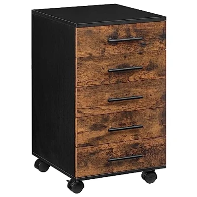 Image de HOOBRO Armoire de classement à roulettes avec 5 tiroirs, en Bois, Commode Rangement, Style Industriel, Facile Monter, Rustique, Marron foncé et Noir EBF05WJ01