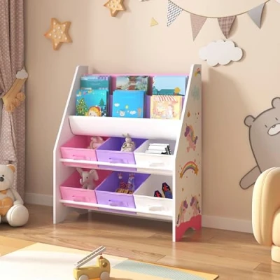 Image de [en.casa] Étagère pour Enfant à 6 Bacs Amovibles 2 Compartiments Meuble de Rangement Jouets Motif Licornes Panneau Particules Textile Non Tissé Métal 74 x 62 27 cm Blanc Violet Rose