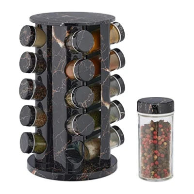 Image de Relaxdays Tourniquet à épices avec 20 Pots en Verre, chacun étant doté d&#039;un Embout tamiseur, remplir, Effet marbre, Noir