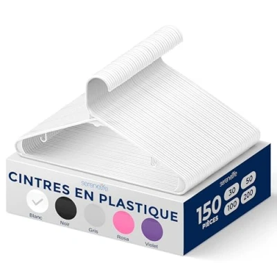 Image de SereneLife Cintres en Plastique Porte Vêtements Gain de Place Design Antidérapant avec 2 Crochets Intégrés pour Chemises, Pulls, Sweats, 150 Pièces Blanc