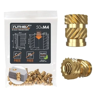 Image de ruthex M4 insert fileté 50 pièces RX M4x8.1 douilles filetées en laiton Écrou stable pour plastique Utilisable dans les imprimées 3D par chaleur ou ultrasons