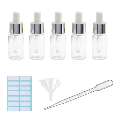 Image de Lot de 5 flacons compte gouttes en plastique transparent 10 ml pour pipette d&#039;huile essentielle rechargeable avec mesurée, entonnoir et étiquettes (noir + bouchon argenté)