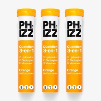 Image de Electrolytes Phizz, Multivitamines &amp; comprimés d&#039;hydratation 20 de réhydratation effervescents 18 vitamines et minéraux, vitamine C hypocalorique (60 Comprimés, Orange)