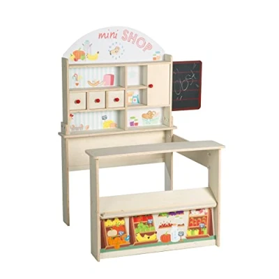 Image de roba Marchande en Bois &quot;Minishop&quot; pour Enfant Épicerie avec Horloge et Tableau Noir Naturel/Imprimér Aliments