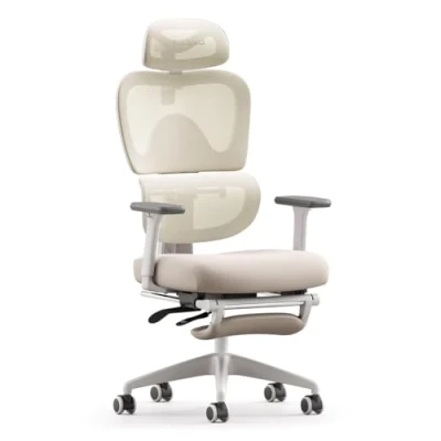 Image de MUSSO E600SE Chaise de bureau ergonomique réglable sur 3 niveaux Accoudoir et appui tête réglables en 3D Avec repose pieds Pour femme Protection la colonne vertébrale Siège (beige)