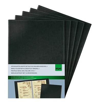 Image de SIGEL Sm130 Lot de 5 Protège Menus avec Reliure à Vis, 24,5 X 34 1,5 cm, Similicuir Aspect Lin, Noir