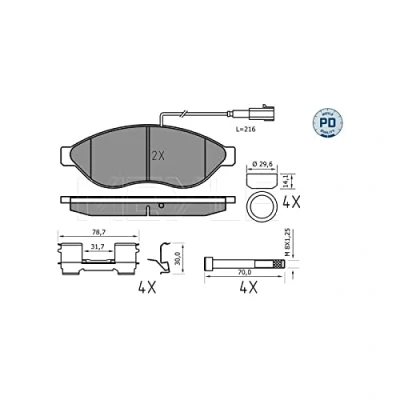 Image de MEYLE Jeu de plaquettes frein PD Quality Essieu avant contact signal d&#039;usure inclus avec tôle anti bruit accessoires