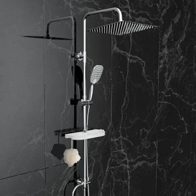 Image de Görbach Colonne de douche Pluie sans Robinet en acier inoxydable Chromée Ensemble Murales Réglables Système avec Pommeau Effet Pluie, Étagère et Douchette (30 * 30CM)