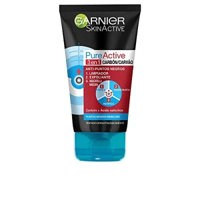 Image de Garnier SkinActive Nettoyant 3 en 1 Charbon Anti Points Noirs Incrustés PureActive 150 ml, Gel, Myrtille