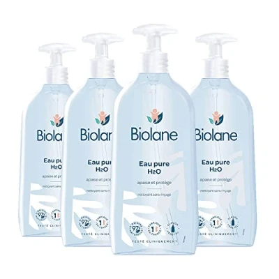 Image de BIOLANE Lot de 4 flacons Eau Pure H2O Nettoyant pour le visage, corps et siège du bébé Sans rinçage pompe 750ml Fabriqué en France