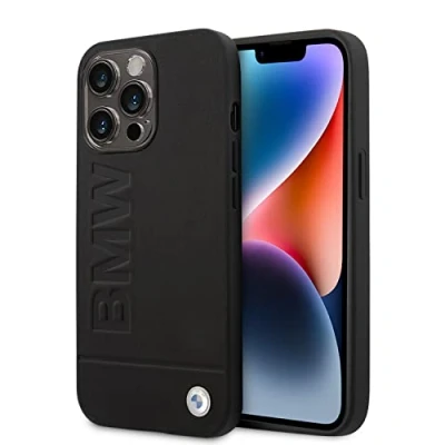 Image de CG MOBILE BMW Coque de téléphone pour iPhone 14 Pro Max en noir avec lignes fond tricolores, collection M cuir synthétique, étui protection lisse facile à clipser, absorption des chocs