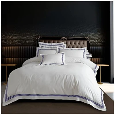 Image de GC GAVENO CAVAILIA Devore Duvet Cover Housse de Couette Luxe Unie en Polycoton à Rayures bordées, Blanc/Bleu Marine, Double