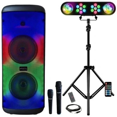 Image de MOOVING LIGHT &amp; Sound Enceinte USB Bluetooth Autonome sur Batterie 600W Electro 2 Micros Karaoke Pack Lumière Pied