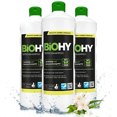 Image de BiOHY Shampoing pour tapis (3 x 1l Bouteille) Concentré de nettoyant idéal enlever les taches tenaces bien toléré par animaux (Teppichshampoo)