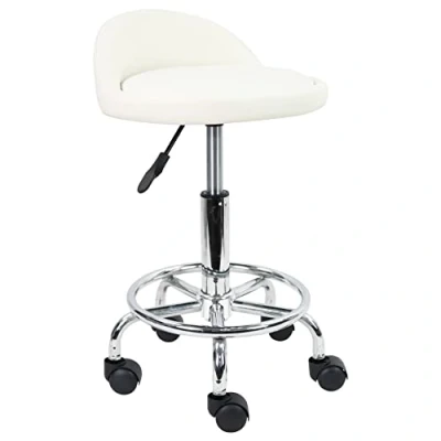 Image de KKTONER Tabouret à roulettes de Bureau Travail réglable en Hauteur 48 64 cm Cuir synthétique avec Repose Pieds Blanc