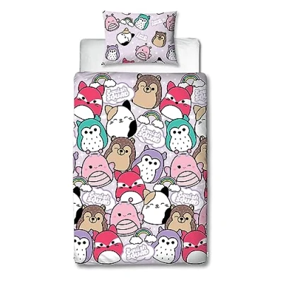 Image de Character World Squishmallows Parure de lit officielle en polyester pour simple, design lumineux Housse couette réversible 2 côtés Squish Squad Produit officiel avec taie d&#039;oreiller assortie,