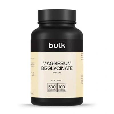 Image de Bulk Comprimés de bisglycinate magnésium, 500mg, 60 Comprimés, Absorption élevée, Favorise la fonction musculaire, Sommeil, Santé osseuse et énergie, Végan, Sans OGM, Les emballages peuvent varier