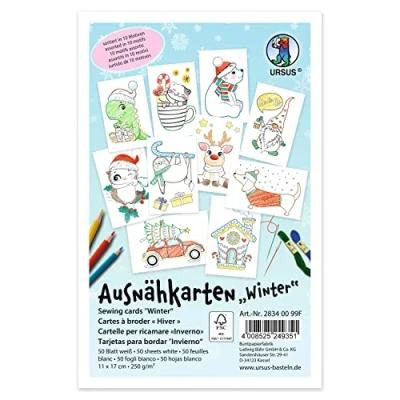 Image de URSUS Cartoon 10154132 Cartes à découper pour Enfants, 50 Blanches avec 10 Motifs d&#039;hiver pré imprimés, d&#039;environ 11 x 17 cm, Broder et colorier, 28340099F, Multicoloured