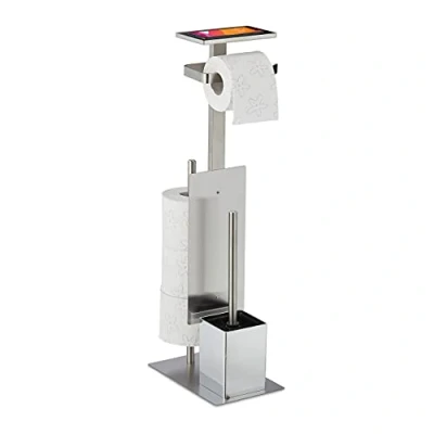 Image de relaxdays Serviteur WC, avec Porte Rouleau, Brosse et Son Support, Espace de dépôt, H x L P : 69 25 18 cm, argenté