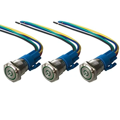 Image de QitinDasen 3Pcs Premium 12V / 24V 5A Interrupteur à Bouton Poussoir Auto Bloquant, Commutateur 16mm, Vert LED Etanche IP67 avec Fil de Prise Courant