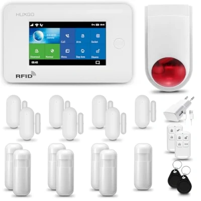 Image de HUXGO® HXA006 Alarme Maison Filaire avec Sirène sans Fil, WiFi + GSM Kit d&#039;alarme Domestique 7X détecteurs de Mouvement, capteurs Portes et fenêtres TUYA App Intelligent