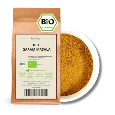 Image de 250g de Garam Masala BIO mélange d&#039;épices indiennes biologiques, intensément aromatiques et sans additifs dans un emballage biodégradable