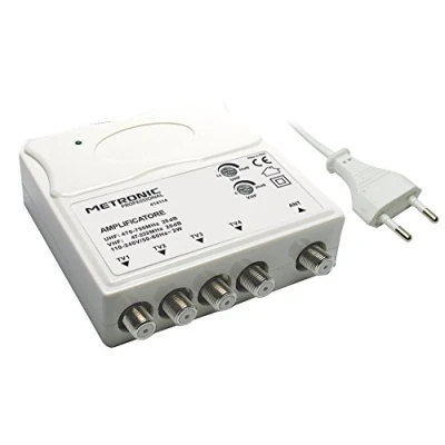 Image de Metronic 414114 Amplificateur TV VHF/UHF pour numérique terrestre avec Filtre LTE, VHF 20 DB et UHF 28 réglable, 1 entrée/4 Sorties, intérieur, Blanc