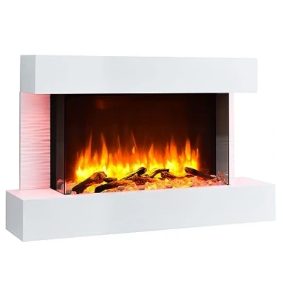 Image de BALDERIA Cheminée électrique Aidan Foyer Mural avec Effet de Flammes 3D Chauffage 2000W, éclairage LED à Fixation Murale télécommande, minuteur &amp; Thermostat Blanc