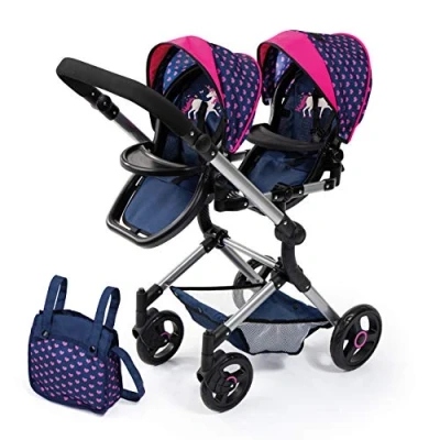 Image de Bayer Design 26254AA Unicorn Landau Jumeaux pour poupée, Poussette, réglable, Pliable, Panier intégré, Sac, Compatible avec siège Auto EasyGo, Bleu Licorne et cœurs