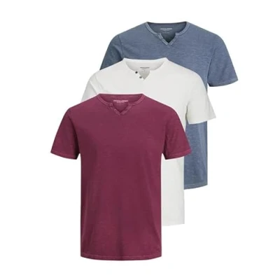 Image de JACK &amp; JONES JJESPLIT T shirt basique pour homme, col en V, manches courtes, jersey de coton, avec boutons, Lot 3 (Pack A : Port Royale, Flint Stone, Cloud Dancer), XL