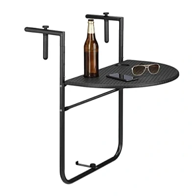 Image de Relaxdays table de balcon pliante pliable appoint suspendue rabattable BASTIAN rotin hauteur réglable 63x60x84 cm, noir