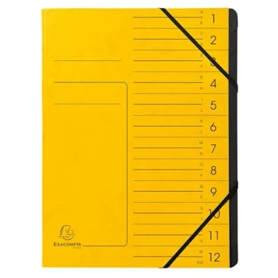 Image de Exacompta Réf. 541209E 1 trieur dos agrafé avec élastiques couverture imprimée en carte lustrée et intérieur recyclée noire 12 compartiments dim 24,5 x 32 cm A4 couleur jaune