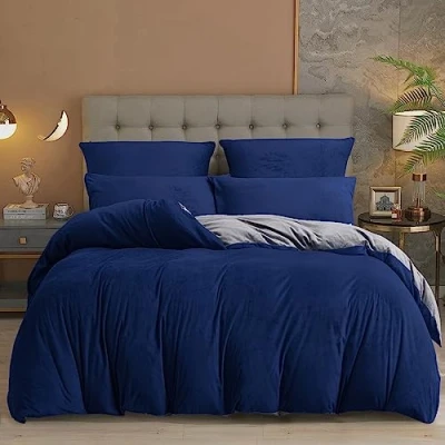 Image de Damier Parure de lit d&#039;hiver en peluche 135 x 200 cm, bleu, bleu foncé, gris, chaud, moelleux, réversible unie cachemire 2 pièces avec fermeture éclair et taie d&#039;oreiller 80