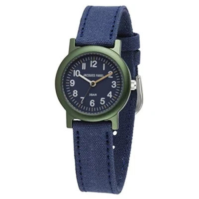 Image de JACQUES FAREL ORG 0304 Montre analogique à quartz écologique pour enfant avec bracelet en coton bio Bleu foncé, foncé/vert olive, Sangles