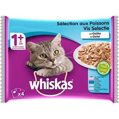 Image de WHISKAS Repas pour Chat 52 Sachets Fraîcheur (Lot de 13 Packs 4x100g) Pâtée en Gelée Saumon/Colin/Poissons Blancs/Thon Nourriture Complète, Ingrédients Naturels, Adapté Stérilisé
