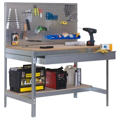 Image de SimonRack Etabli d’Atelier, Capacité de Charge 600 kg, 1445x1510x610 mm, Panneau Perforé, Étagère Tiroir Rangement, Table Travail Bricolage, Galvanisé/Bois BT2