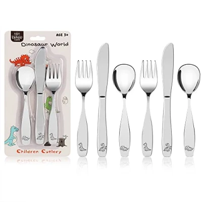Image de Lehoo Castle Couverts Enfant en INOX 6 PCS, Ensemble de pour Bebe 2 x Fourchettes, Couteaux, Cuillères, Set Couvert Garçons Filles 3+ Ans (Argent 2)