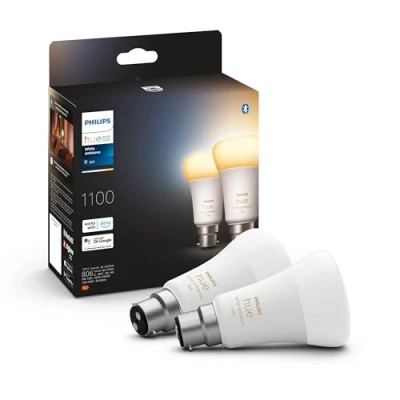 Image de Philips Hue White Ambiance, ampoule LED connectée B22 équivalent 75W, 1100 lumen, compatible Bluetooth, pack de 2, fonctionne avec Alexa, Google Assistant et Apple Homekit