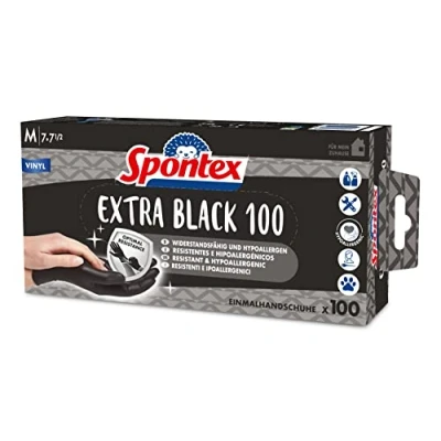 Image de Spontex Extra Black Lot de 100 gants jetables en vinyle, non poudrés et sans latex, polyvalents, dans une boîte distributrice pratique, taille M, noir