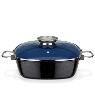 Image de GSW rôtissoire carrée Ceramica avec Couvercle, idéale pour mijoter, étuver et rôtir, également induction Four Bleu, Fonte d&#039;aluminium, 5 litres
