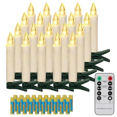 Image de FREEPOWER 20 Bougies LED Sapin de Noël sans Fil avec Télécommande Minuterie Flamme Vacillante, Blanc Chaud, Dimmable, Intérieur étanches extérieur Décoration (Inclut piles)