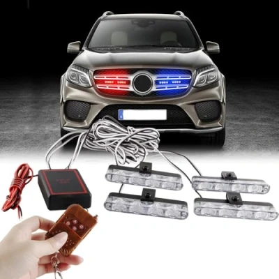 Image de Sidaqi 4x4LED 4 en 1 télécommande sans fil 12V stroboscopique d&#039;urgence lumière clignotant pour voiture camion DRL de police ambulance (Rouge&amp;Bleu)
