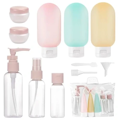 Image de bouteilles de voyage pour remplir des en plastique Ensemble portable 11 pièces avec vaporisateurs, flacons à pompe et pots crème contenants cosmétiques liquides