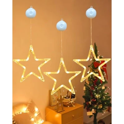 Image de Anmossi Décorative de Noël avec Étoile,3 Pièces Rideau Lumineux,10 LEDs Étoile Lumineuse à Piles Blanche Chaude,Minuterie,Guirlande Décoration pour Intérieur Noël,Fête,Mariage