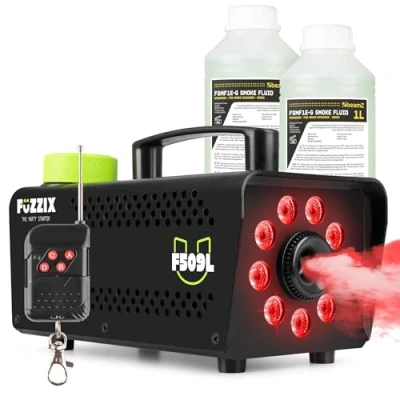 Image de Fuzzix F509L Pack Machine à Fumée 500 Watts avec 3 LEDs RGB Noir, 2L de Liquide, Facile transporter, Puissante et Compacte, Niveau Réservoir, Idéal pour les Anniversaires, Soirées Halloween