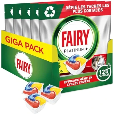 Image de Fairy Platinum Plus Tout en 1 Pastilles Lave Vaisselle, 125 Capsules, Citron, Technologie Anti Terne,Nettoyage Optimal Pour Une Vaisselle Propre Comme Neuve, Redonne De L’Éclat Et Prévient Le Calcaire